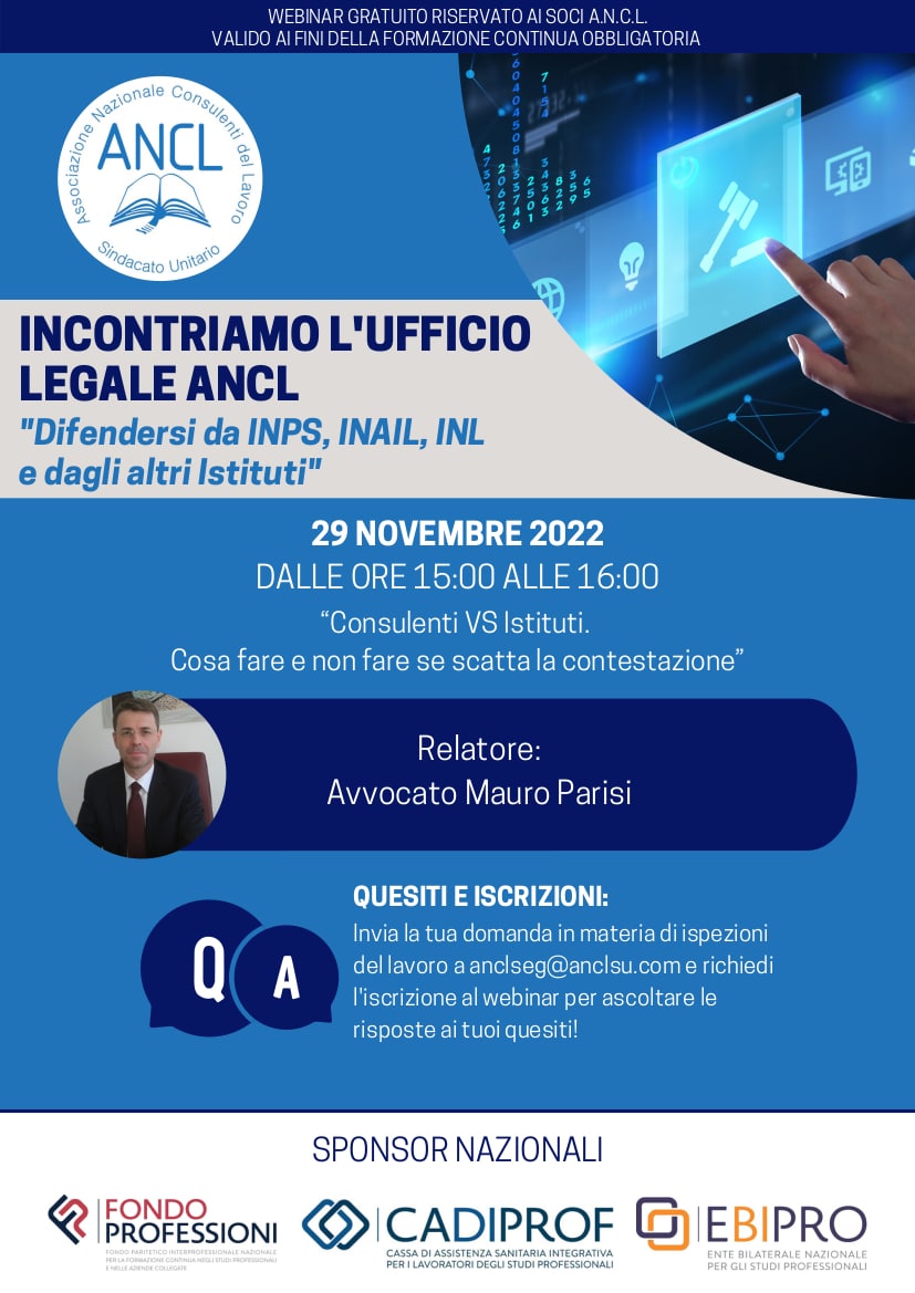 29.11.2022 Locandina Incontriamo l'Ufficio Legale ANCL